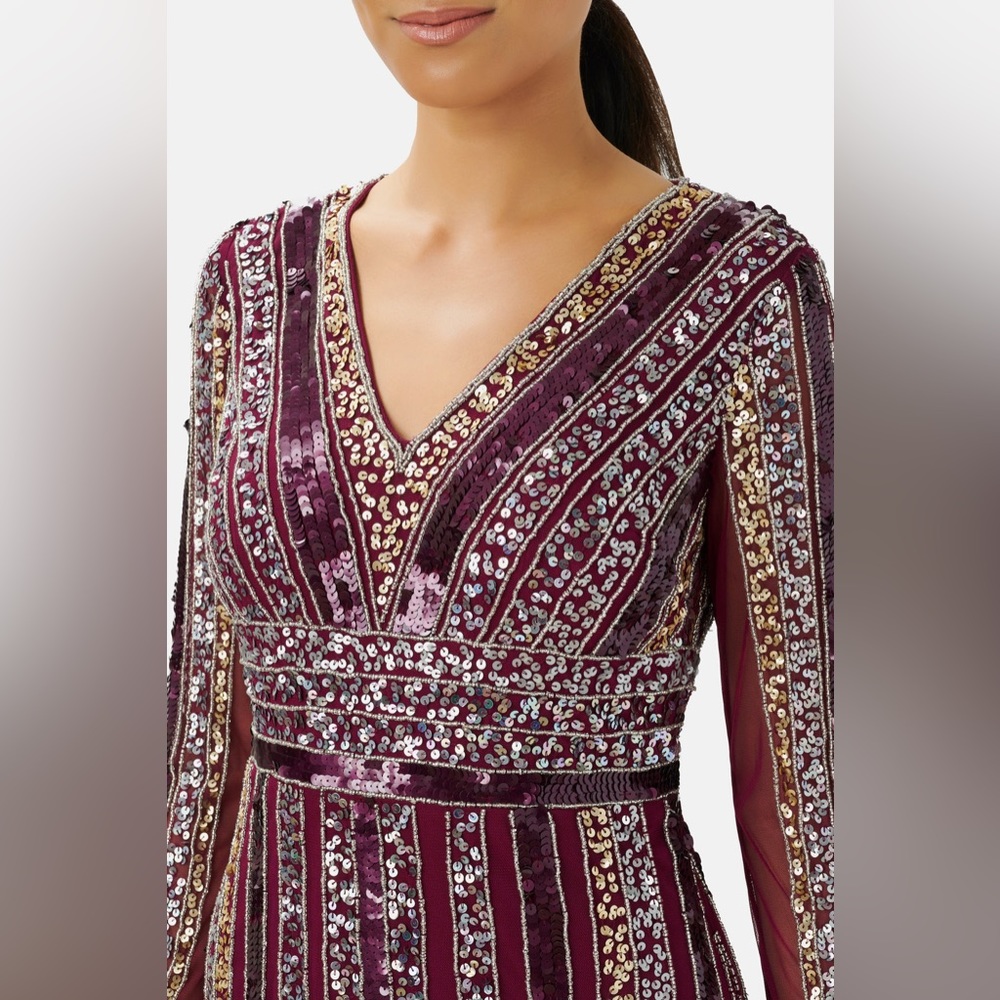 ADRIANNA PAPELL Stripe Bead Sheath Dress cocktail sequin purple 8 long sleeve - Picture 2 of 6